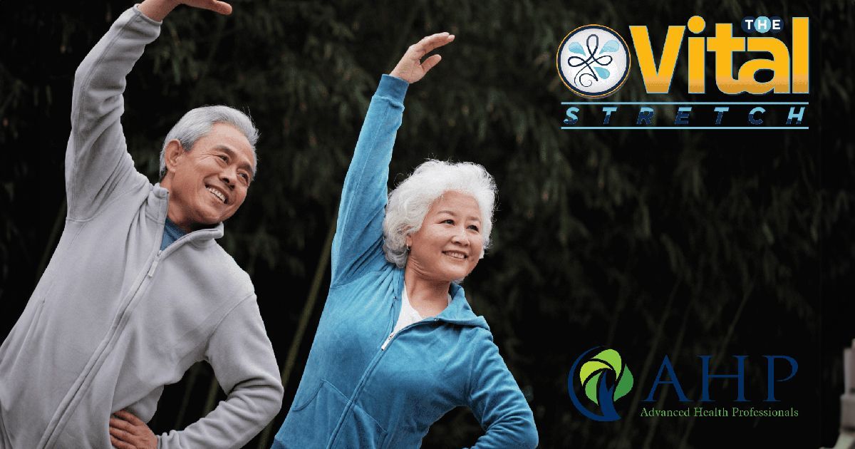 a man and a woman are stretching in front of a vital stretch logo
