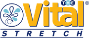 the vital stretch logo is yellow and blue on a white background