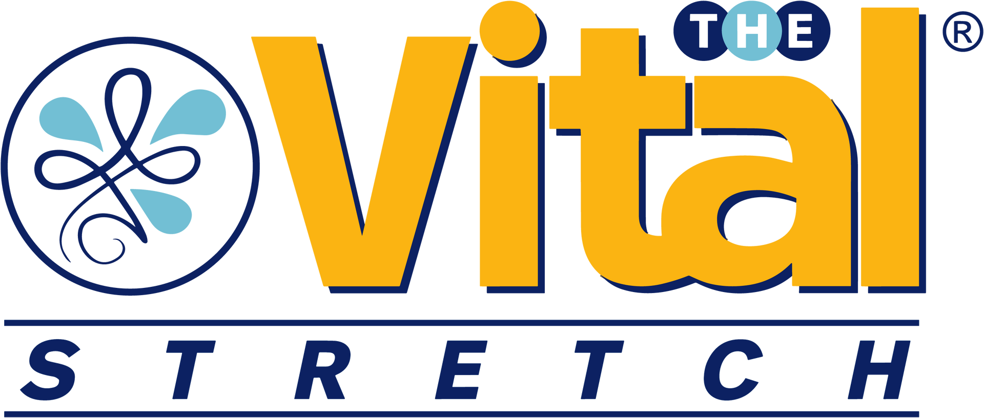 the vital stretch logo is yellow and blue on a white background