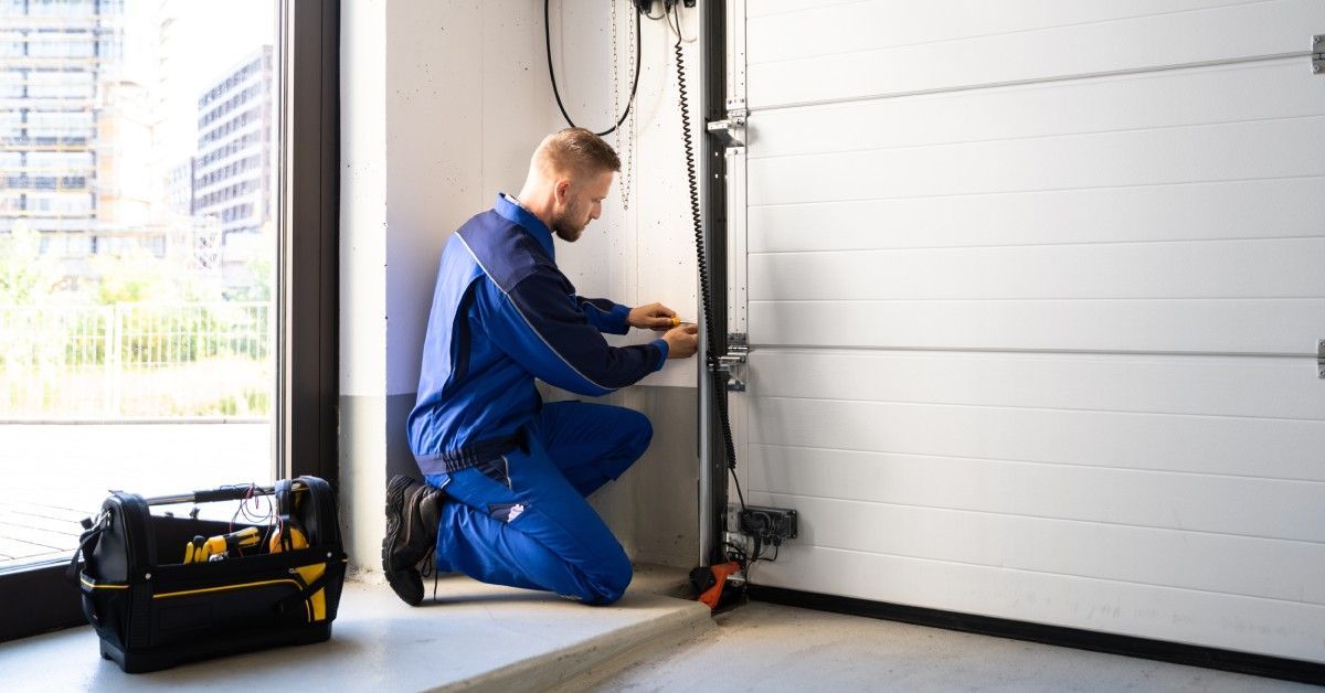 A man wearing a blue tracksuit kneeling by a pole near a toolbox and a glass door, working on wires.