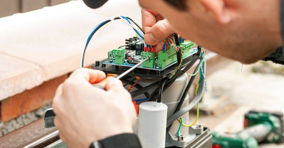 A man using a screwdriver on exposed circuit boards and colored wires inside an automatic door motor