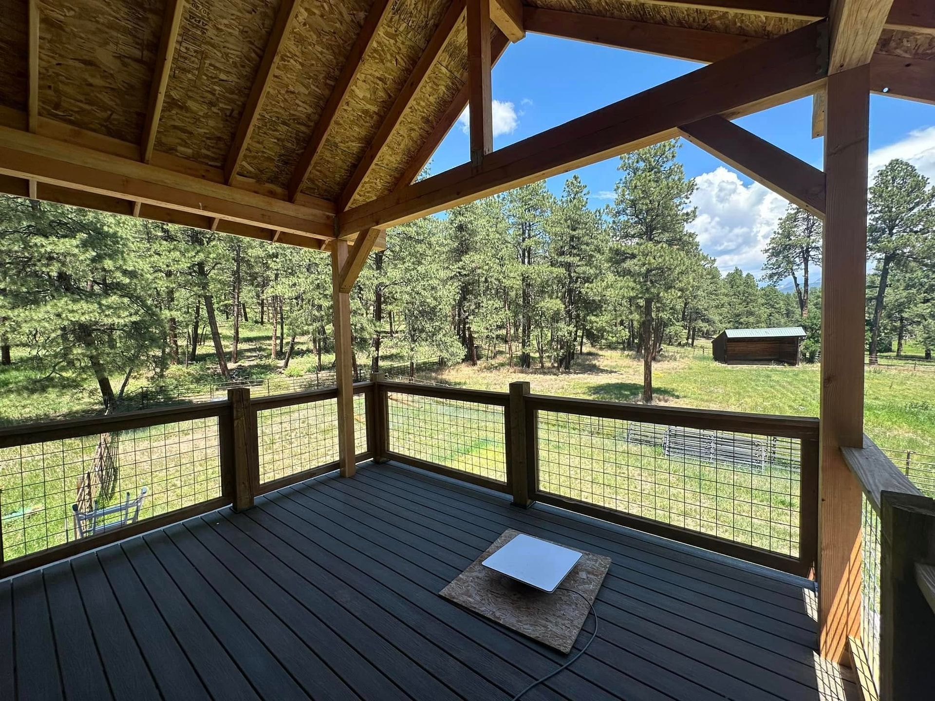 Wooden porch overlooking a forest; blue sky, trees, and a small shed in the distance.