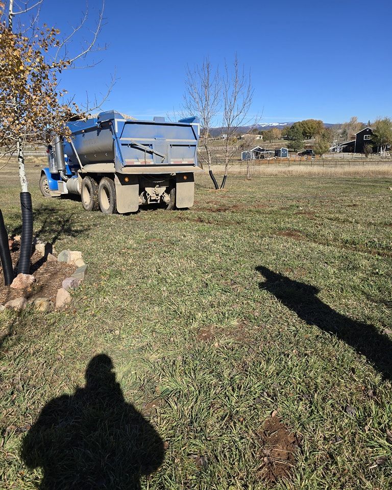 Blue dump truck in a grassy field on a sunny day, with a shadow of a person in the foreground.