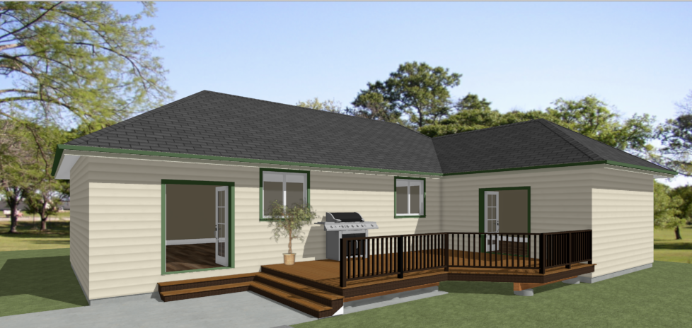 A rendering of a beige house with a black roof, deck, and backyard, with a grill.