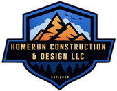 Logo for Homerun Construction & Design LLC, featuring mountains, trees, and text on a blue and orange shield.