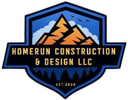 Logo for Homerun Construction & Design LLC, featuring mountains, trees, and text on a blue and orange shield.