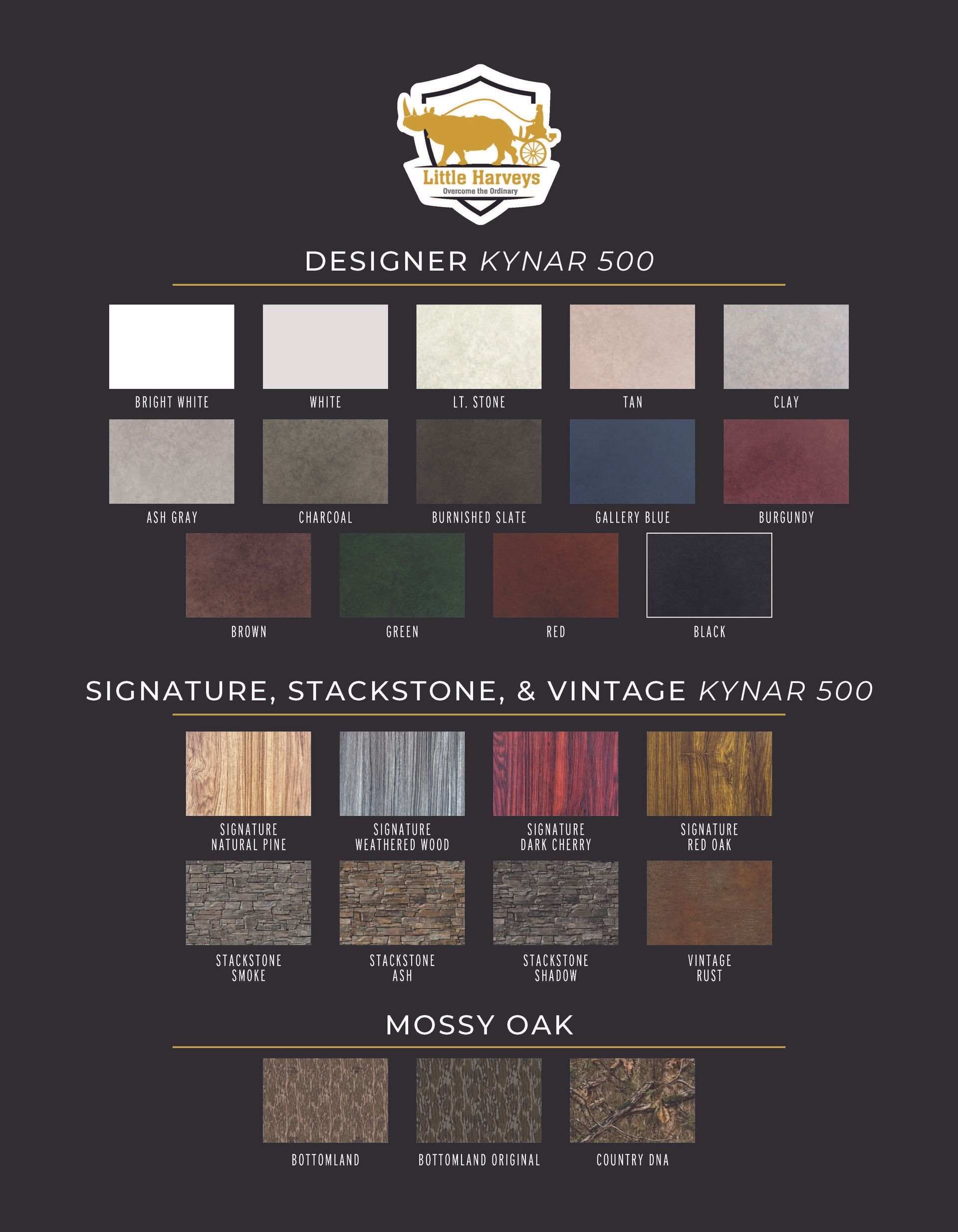 Color swatches for Designer Vinyl 800, Signature Stackstone, & Vintage Aged 800, and Murray Oak.