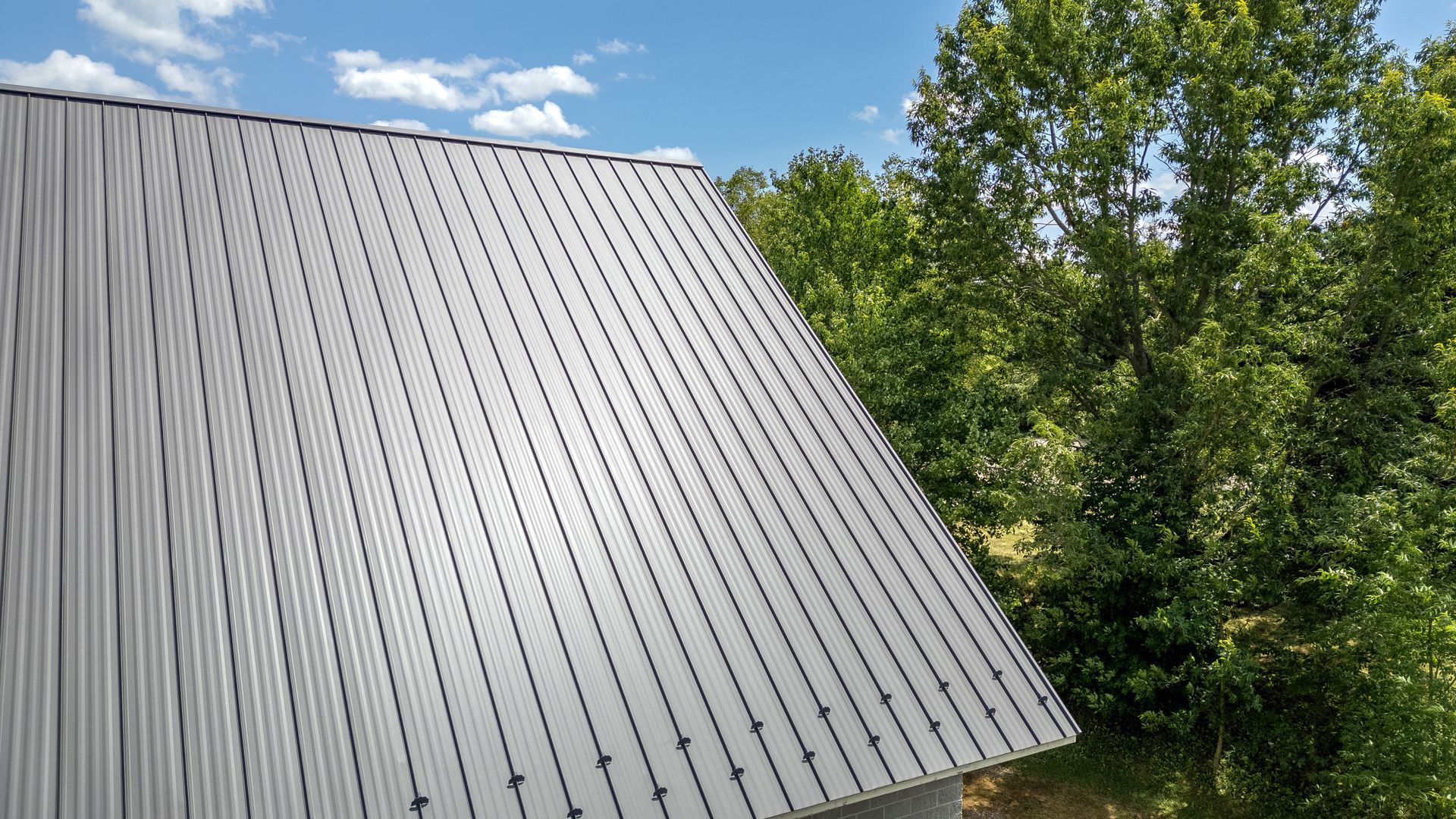Gray metal roof with vertical lines; trees in the background, blue sky.