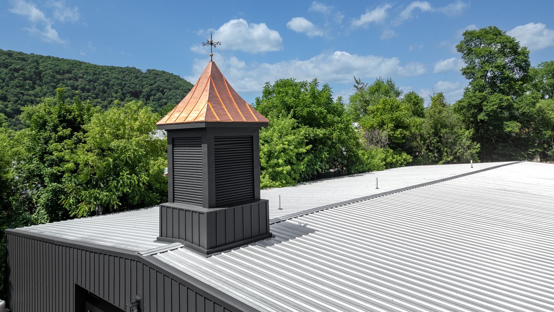 Copper-topped cupola with a weathervane sits atop a corrugated metal roof. Green trees and a mountain in the background.