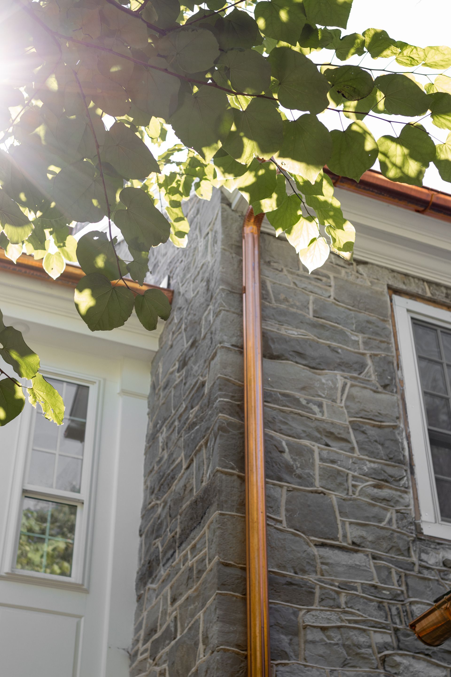 Copper gutter on a stone building corner; sunlight filters through leaves above.