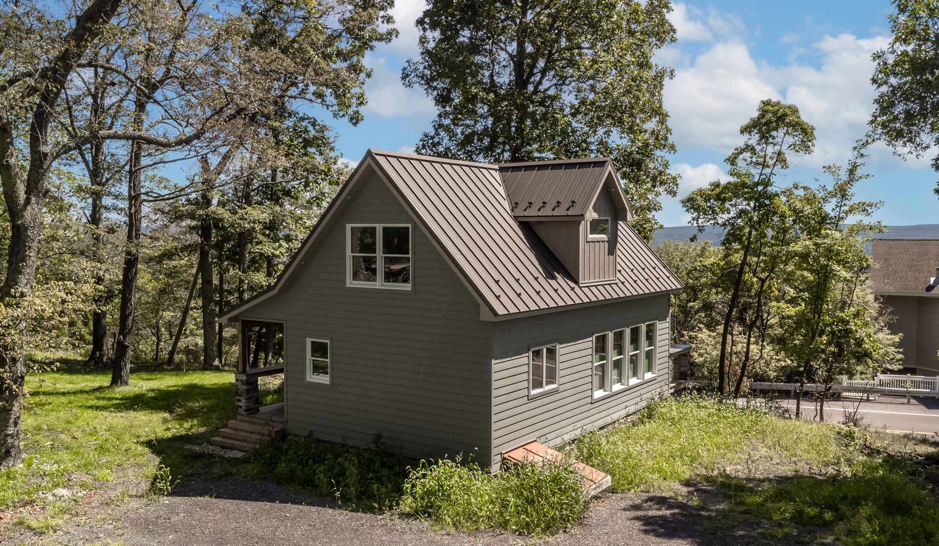 Small green house nestled in trees with a dark metal roof under a blue sky.