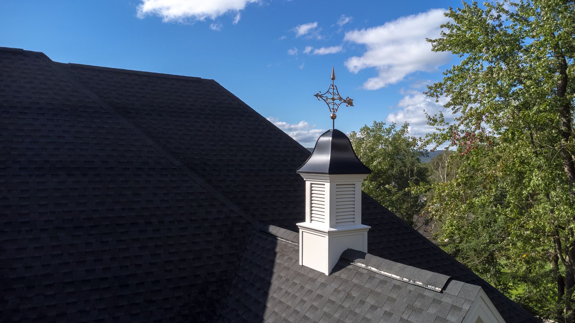Black shingle roof with a white cupola topped with a weather vane against a blue sky and trees.
