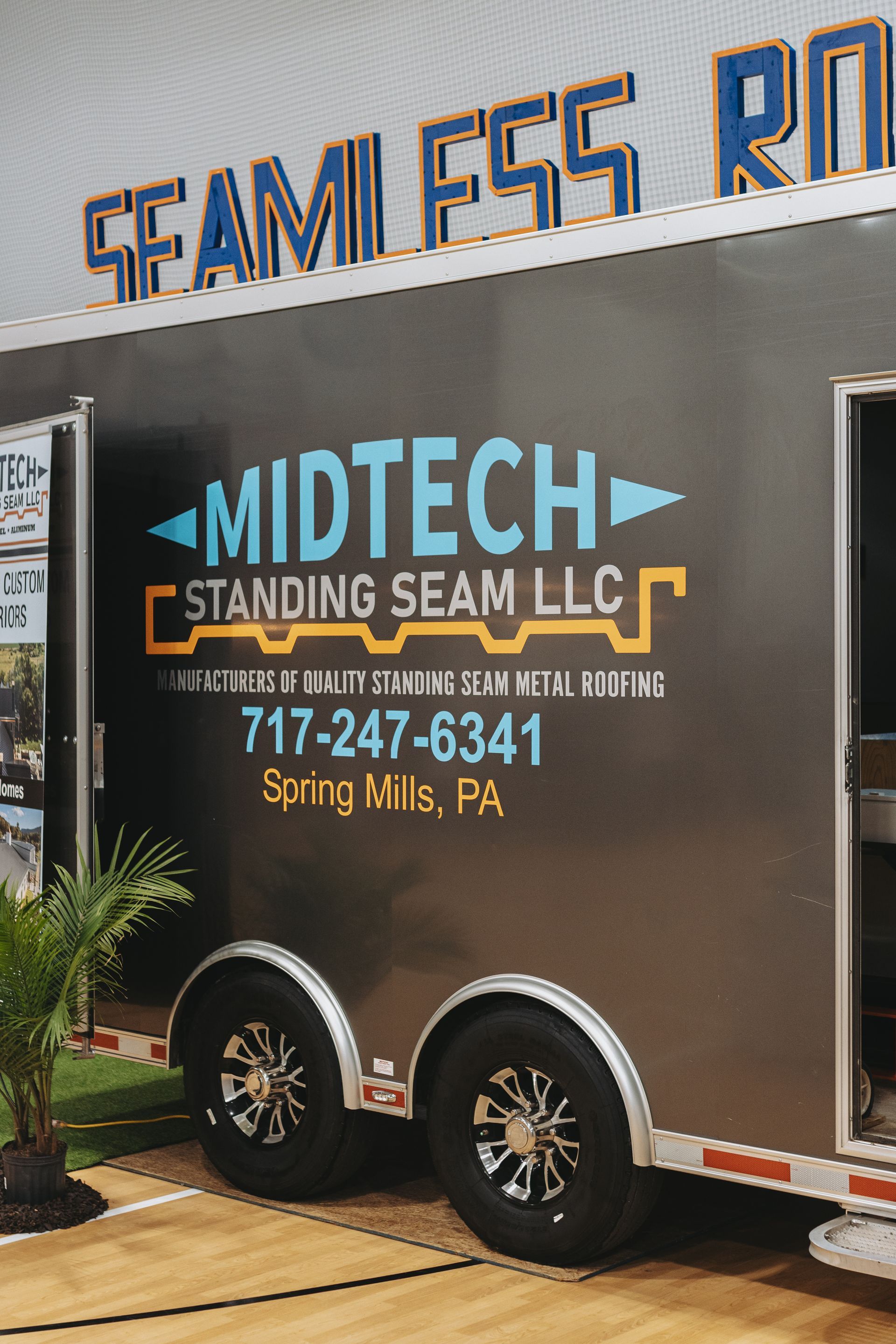Midtech Standing Seam LLC trailer with company logo and phone number. Located in Spring Mills, PA.