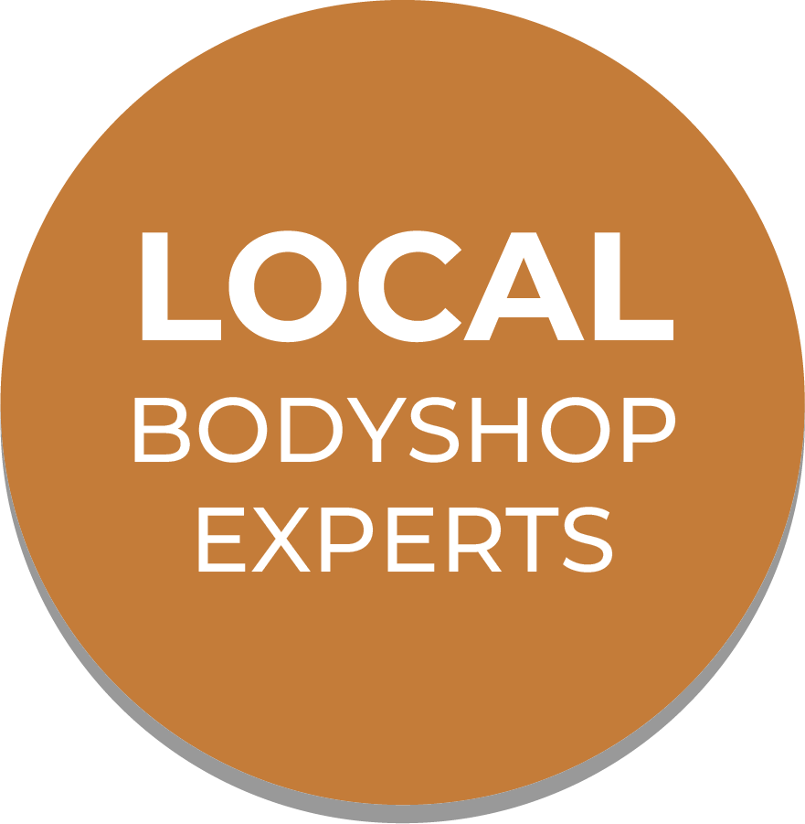 A blue circle with the words local bodyshop experts on it