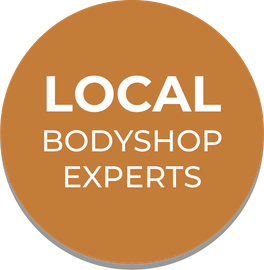 A blue circle with the words local bodyshop experts on it