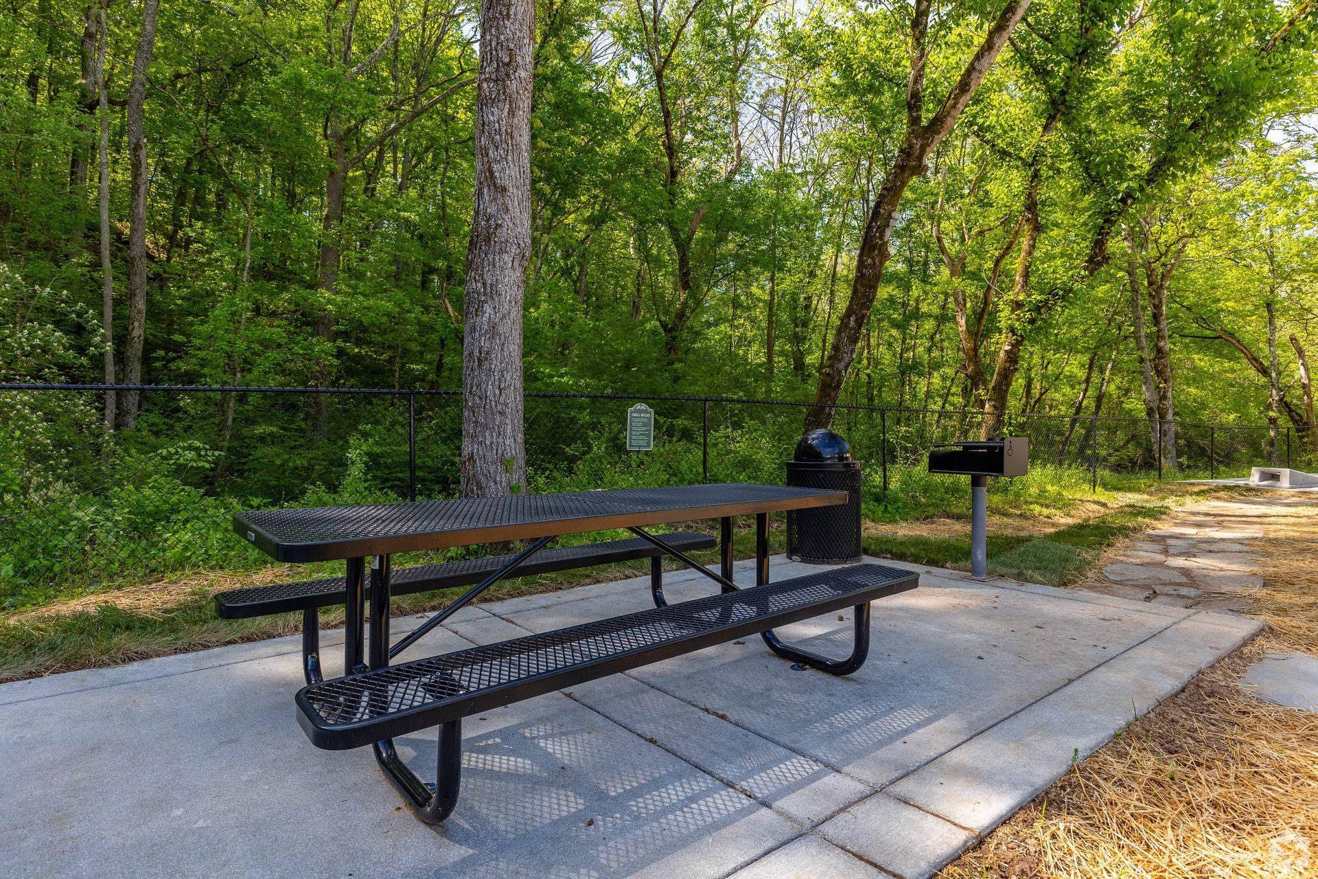 Picnic table and grill in a shaded park setting with trees and a black fence.