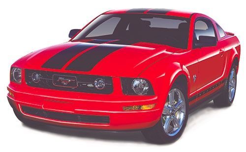 Red Ford Mustang with black racing stripes.
