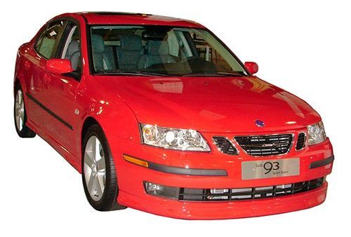 Red Saab 9-3 sedan with silver wheels, parked against a white background.