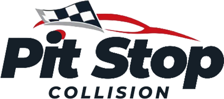 Logo for Pit Stop Collision, black text with a checkered flag and a red car outline.
