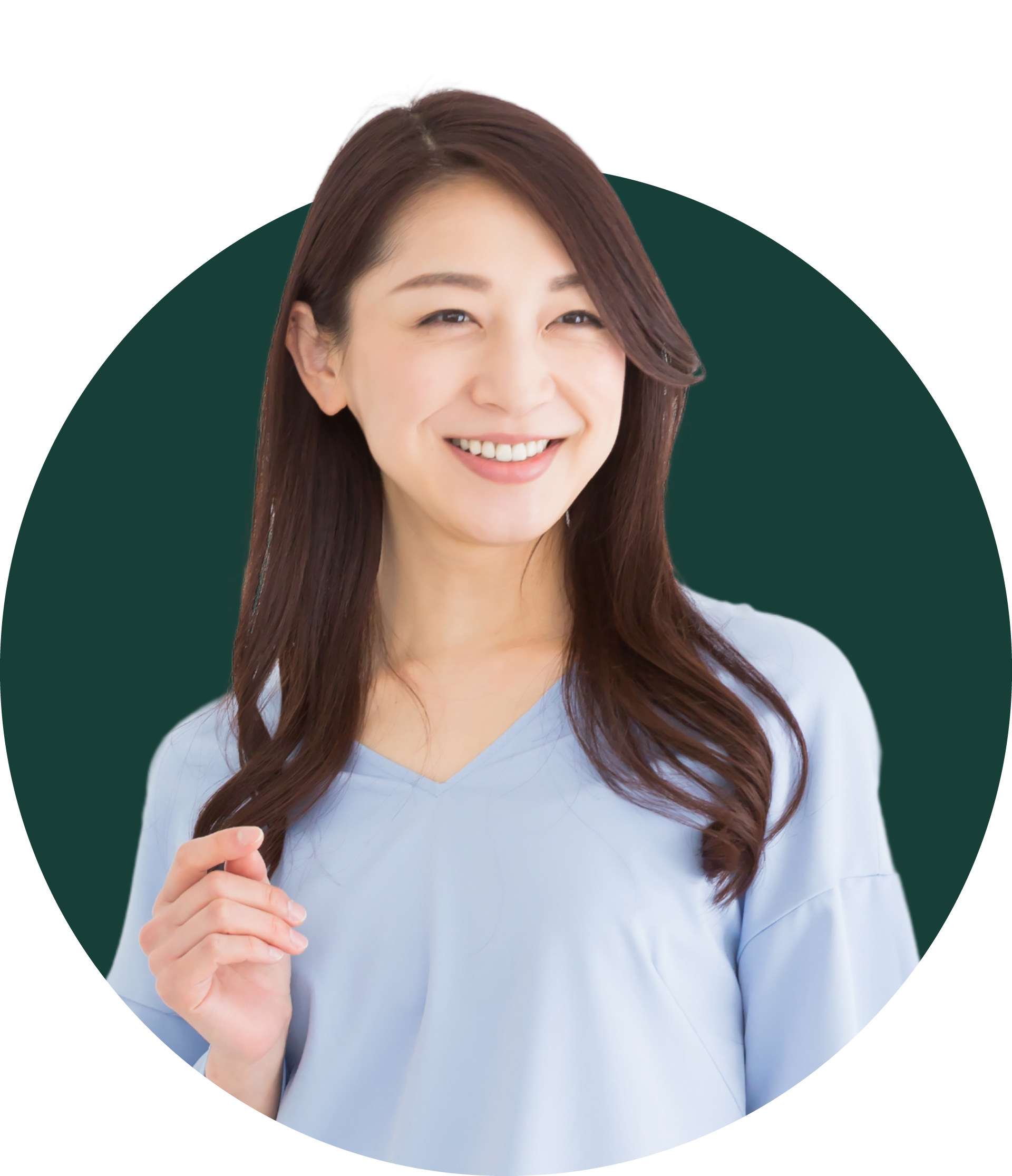 A woman in a blue shirt is smiling in a circle