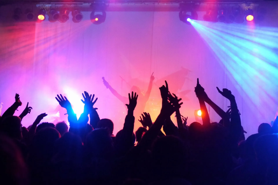 A crowd of people at a concert with their hands in the air