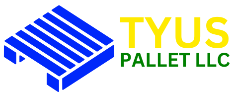 A blue and yellow logo for tyus pallet llc.