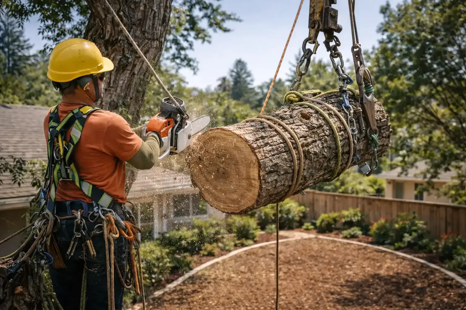 safe tree removal using ropes and rigging on residential property in Menifee CA