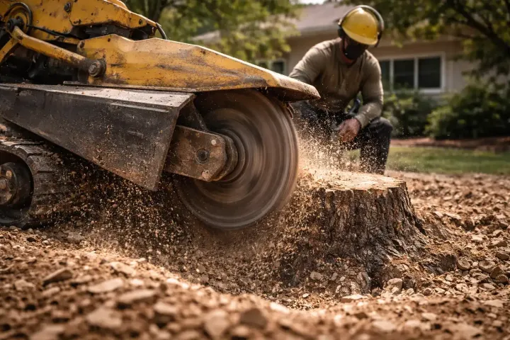 professional stump grinder removing tree stump safely in Menifee California