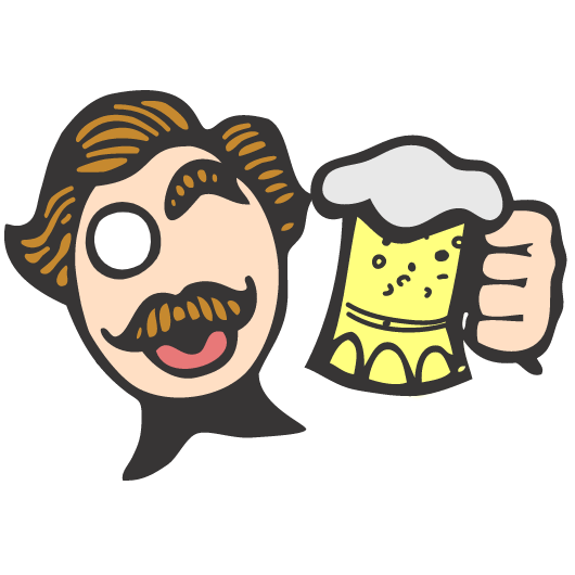 A logo of a man with a mustache is holding a mug of beer