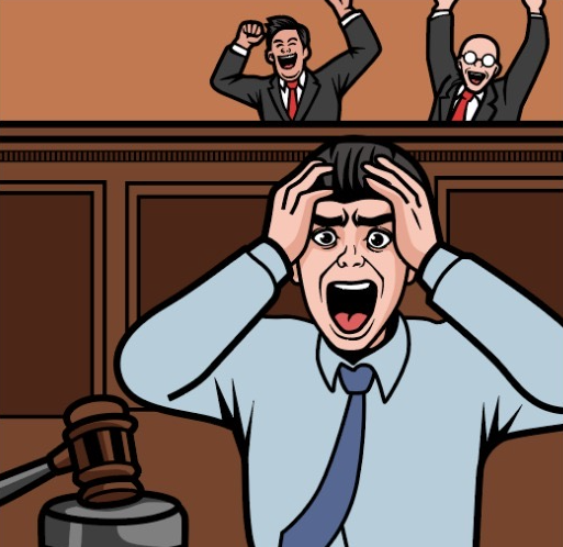 A cartoon of a man screaming in a courtroom