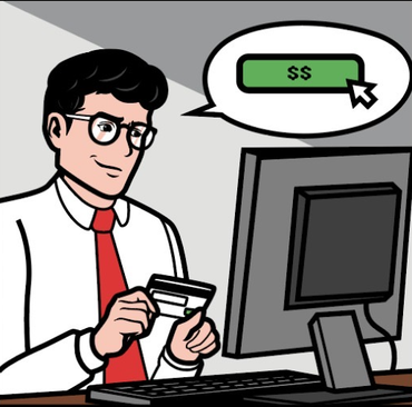 A cartoon of a man holding a credit card in front of a computer