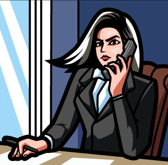 A woman in a suit is talking on a cell phone