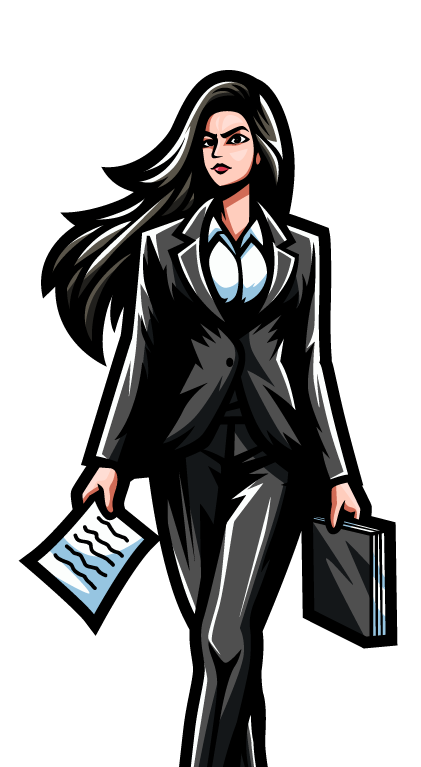 A woman in a suit is holding a briefcase and a piece of paper.