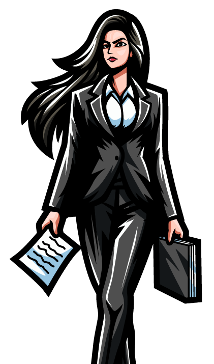 A woman in a suit is holding a briefcase and a piece of paper.