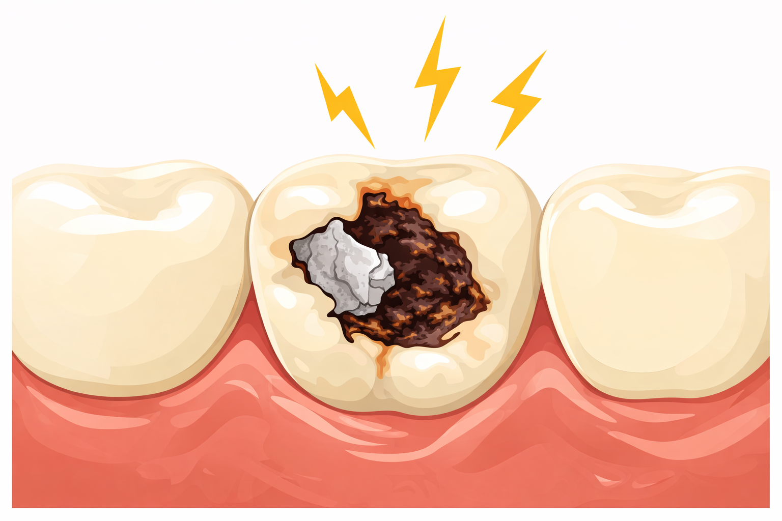 Molar tooth with a large cavity and pain marks, surrounded by healthy teeth