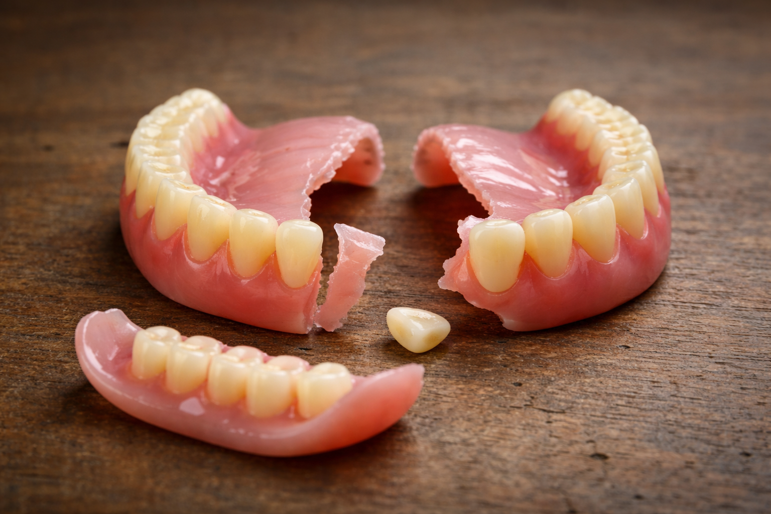 Broken pink dentures on a wooden surface