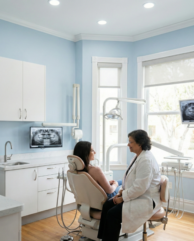 A woman is flossing her teeth with a dental floss.