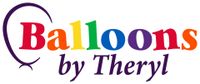 The logo for balloons by theryl shows a rainbow of colors.