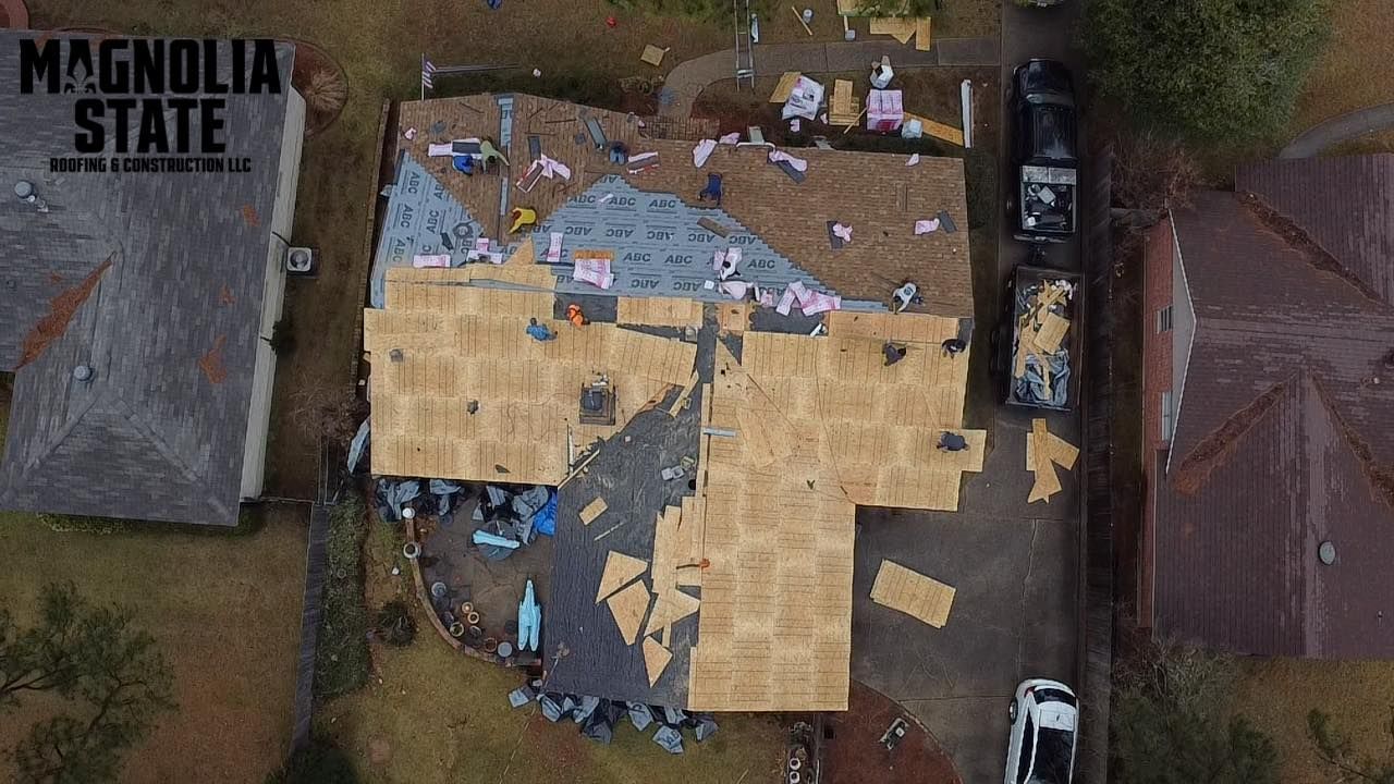 An aerial view of a house under construction in magnolia state.