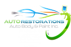 Auto Restorations logo with blue and green swoosh, car, and “Auto Body & Paint Inc.” text