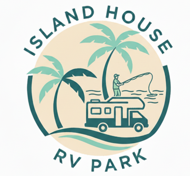 Logo for Island House RV Park: pink buildings, palm trees, RV, and text in a circular design.