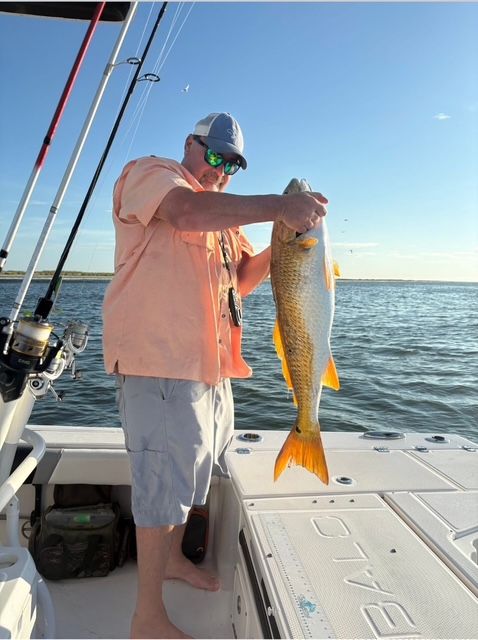 Man holding up a large, reddish-orange fish on a boat. Blue sky, water visible.