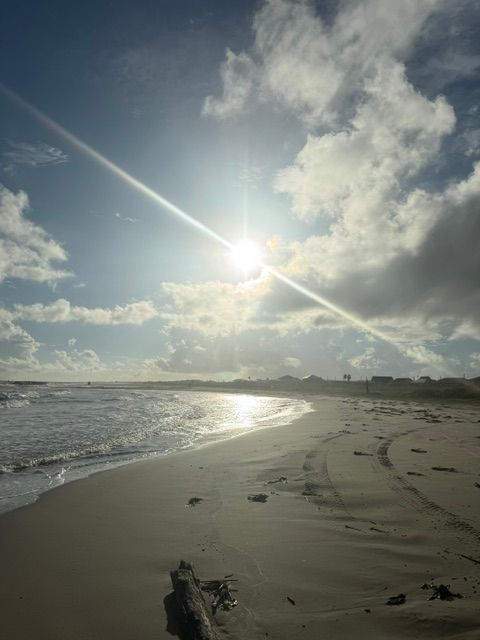 Beach scene: Bright sun, clouds, waves, wet sand, and driftwood.