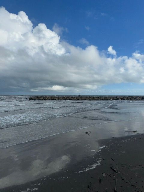 Beach scene with waves, dark rocks, and puffy white clouds in a blue sky.