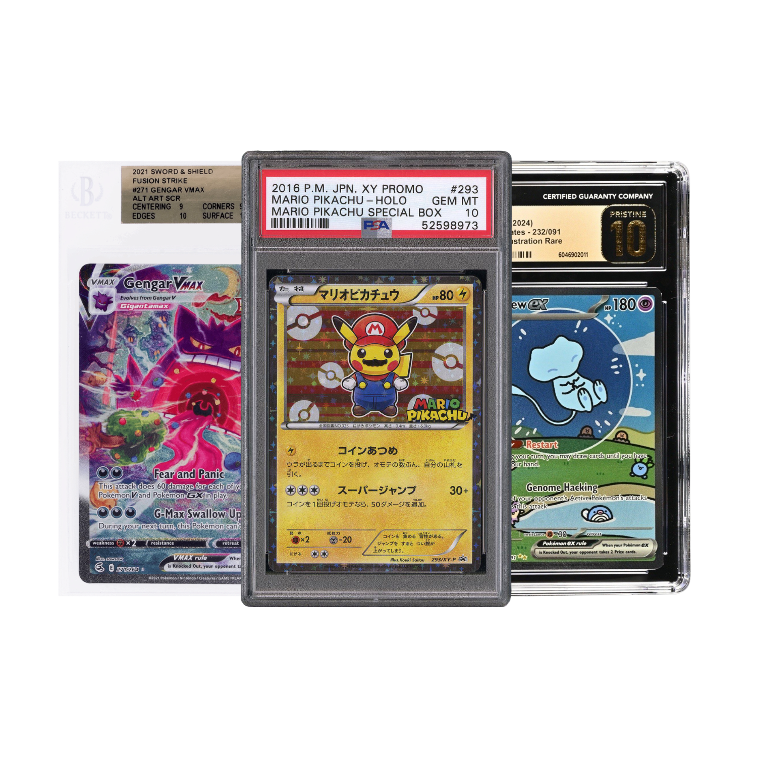 Three graded Pokémon cards; central card is Pikachu in a Mario costume.