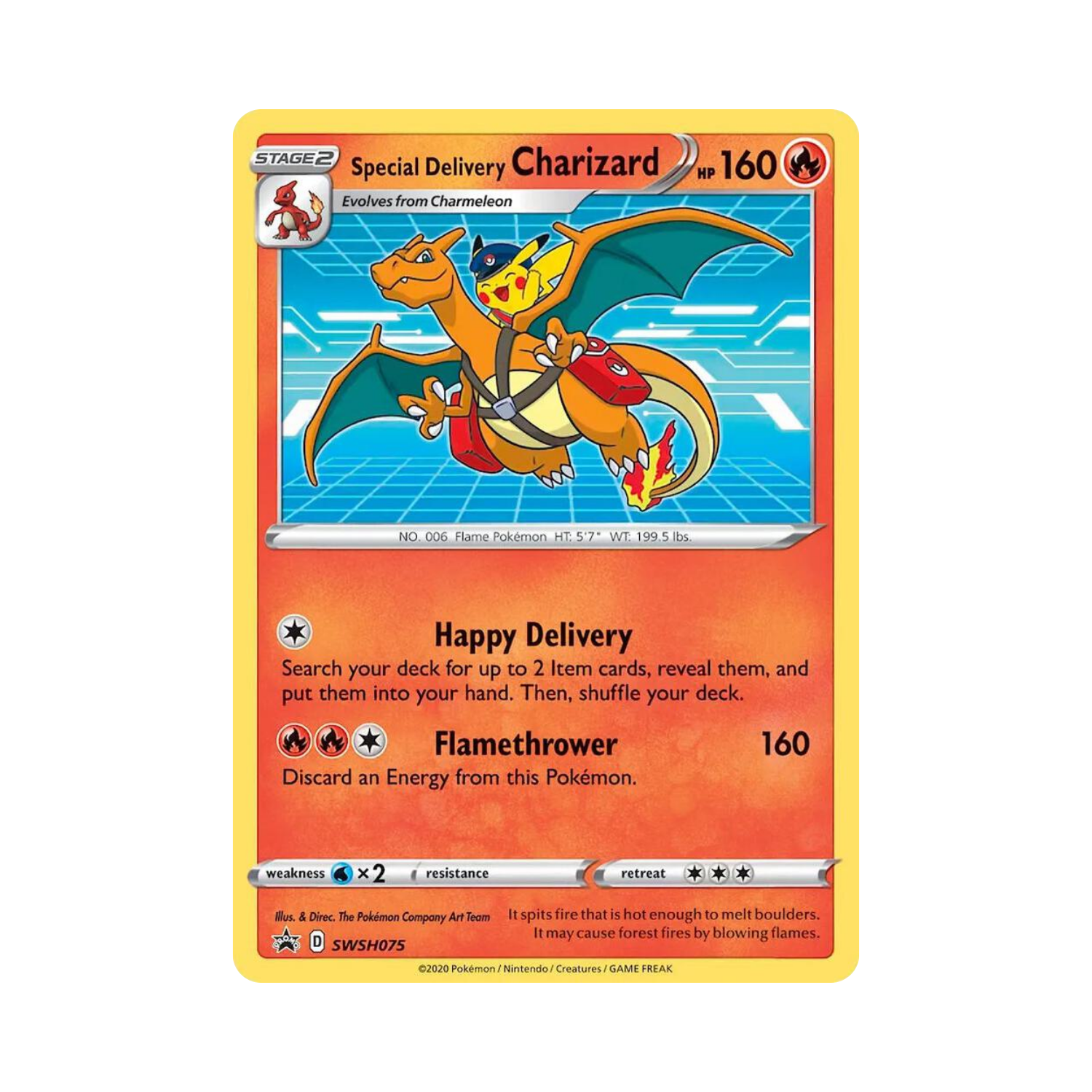 Pokémon "Special Delivery Charizard" card: Charizard carrying Pikachu, both in delivery gear, orange and blue backdrop.