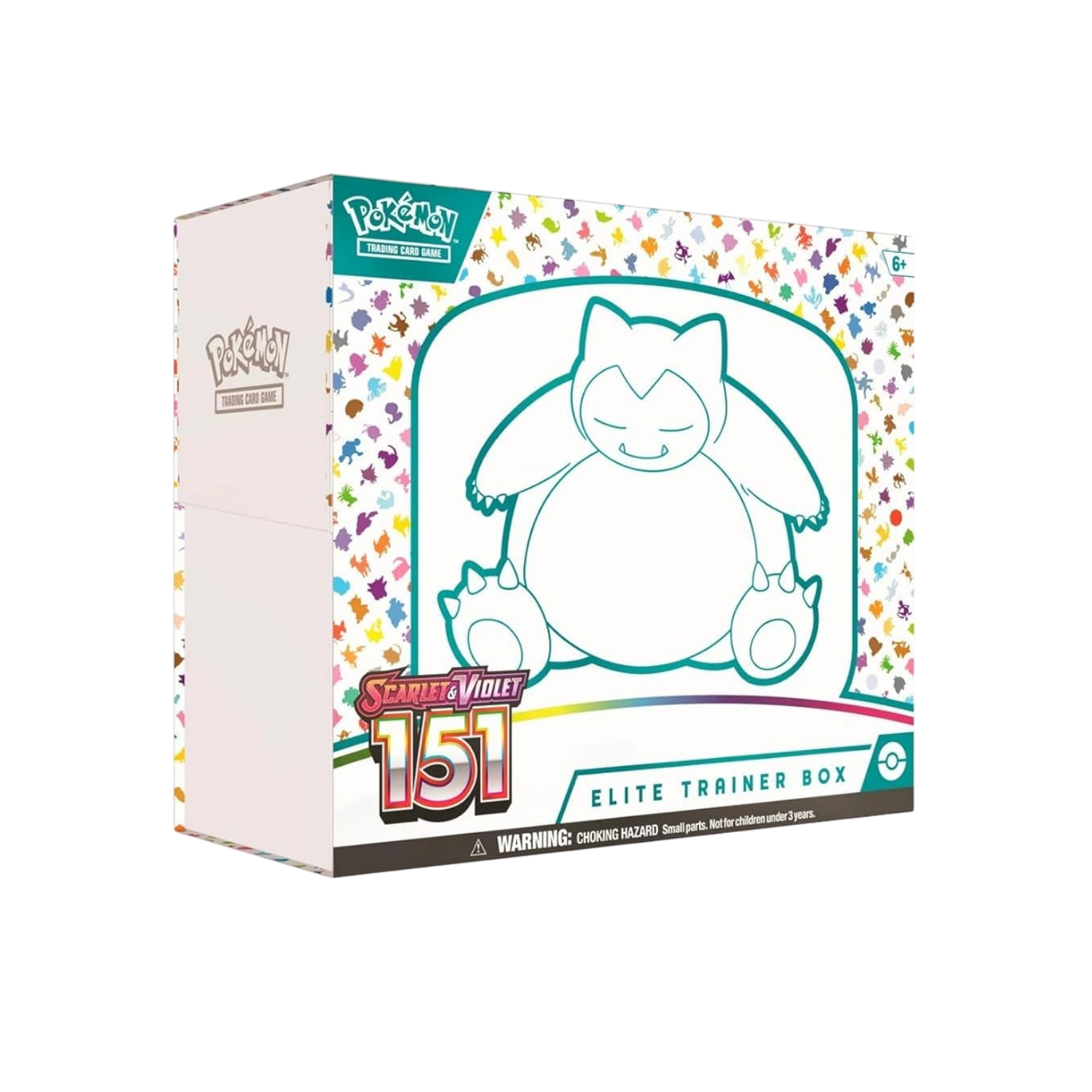 Pokemon Scarlet & Violet 151 Elite Trainer Box. White box with Snorlax outline, teal & multi-colored confetti pattern.