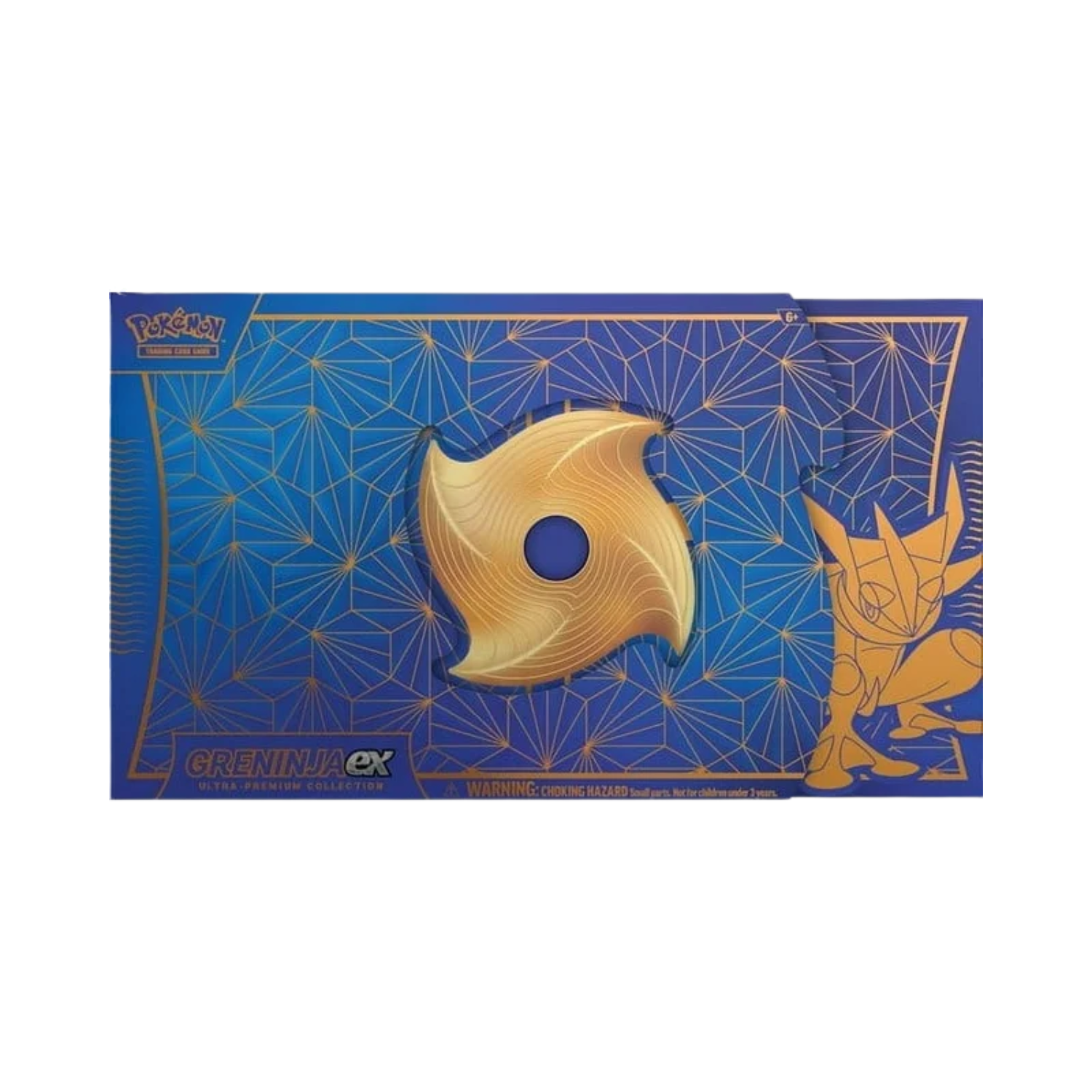 Pokémon TCG product box, blue with gold accents, featuring a golden shuriken and silhouette of a Pokémon.