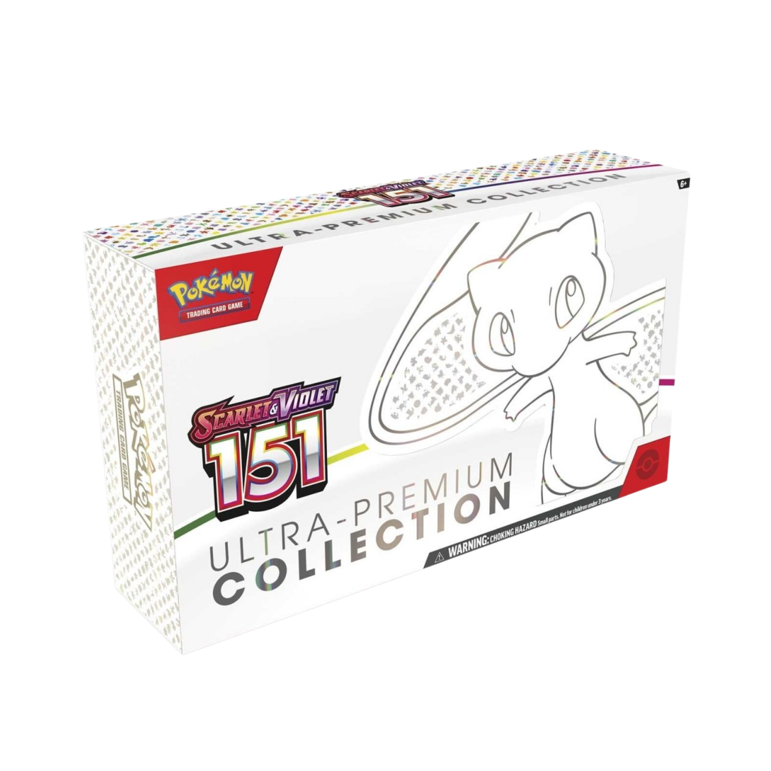 Pokemon 151 Ultra-Premium Collection box, white, with Mew artwork and logo.