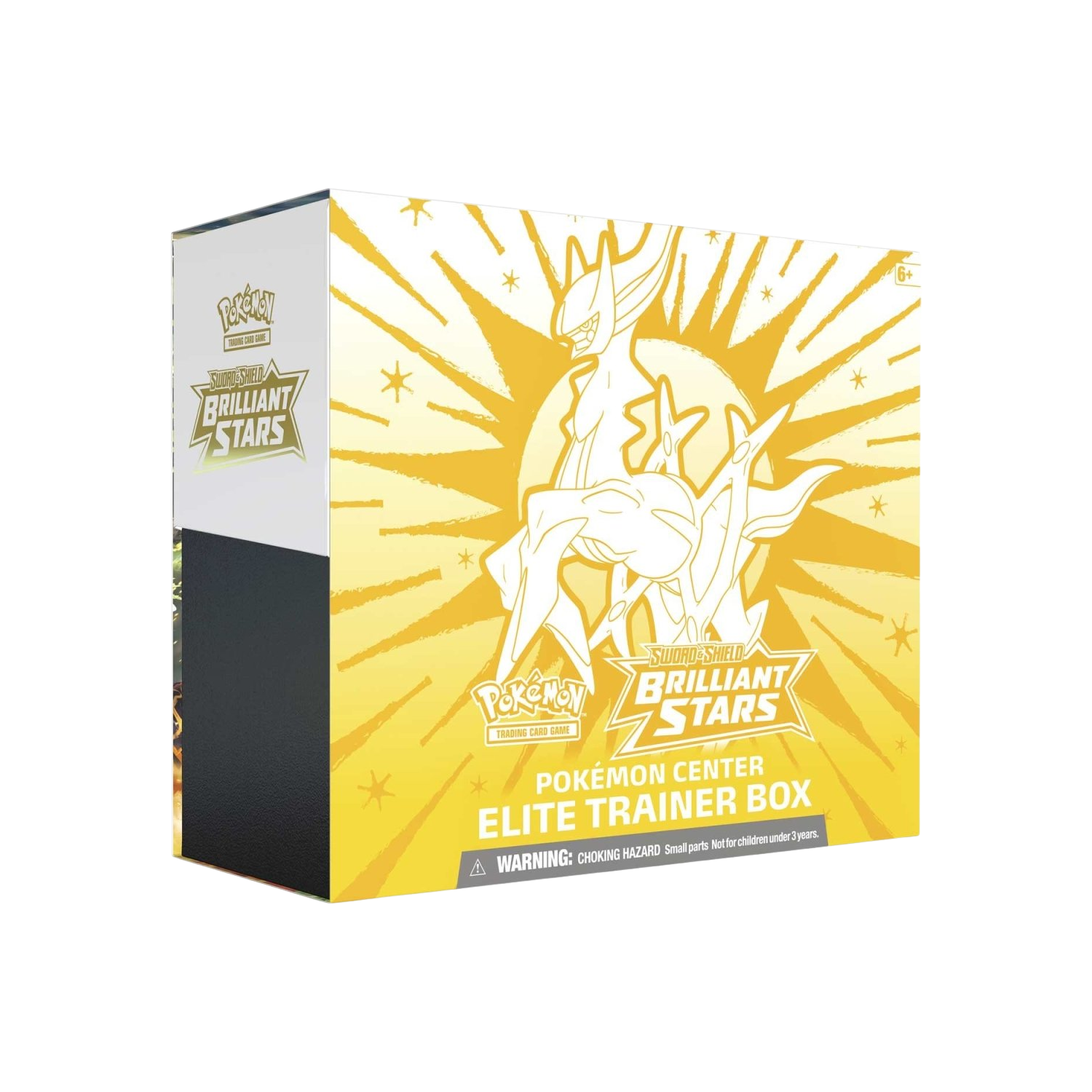 Pokémon Center Elite Trainer Box, Brilliant Stars. White and yellow with a golden Arceus.